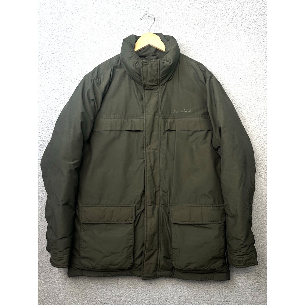 Eddie Bauer Mens Down Winter Parka Jacket Green Coat Large No Hood